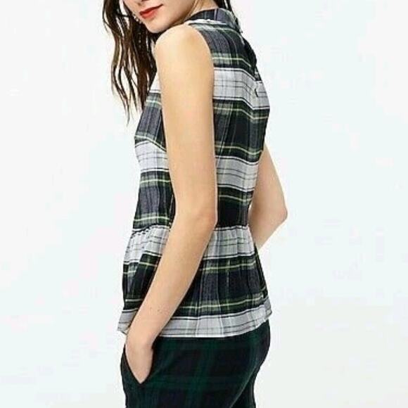 J Crew Sleeveless Peplum Top Gilded Highland Tartan Plaid Blue Green Mockneck XS - Picture 2 of 11